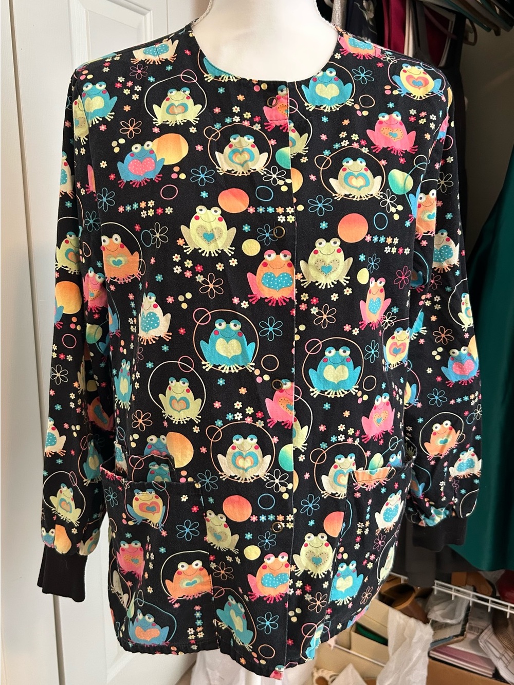 Women’s Black Owl-Print Pajama Top with Multicolor Accents